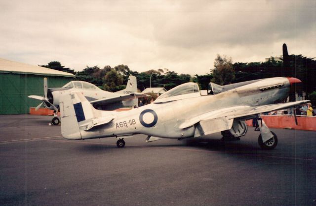 — — - RAAF Mustang on display at Point Cook Airshow December 1993.br /T-28 Trojan in the background.