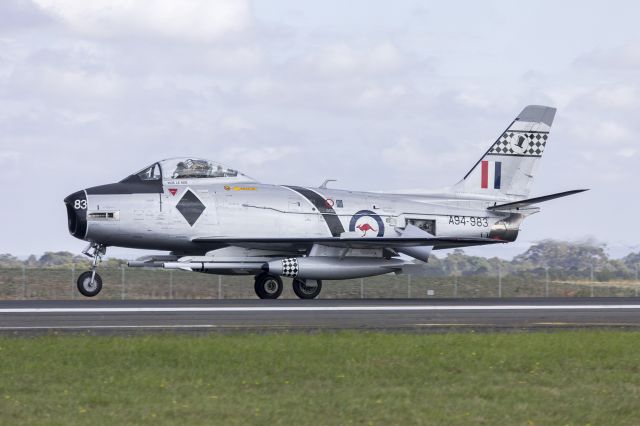 North American F-86 Sabre (VH-IPN) - Royal Australian Air Force, on loan to the Temora Aviation Museum, (VH-IPN, former military registration A94-983) CAC Sabre Mk.32 landing at Avalon during the 2015 Australian International Airshow.