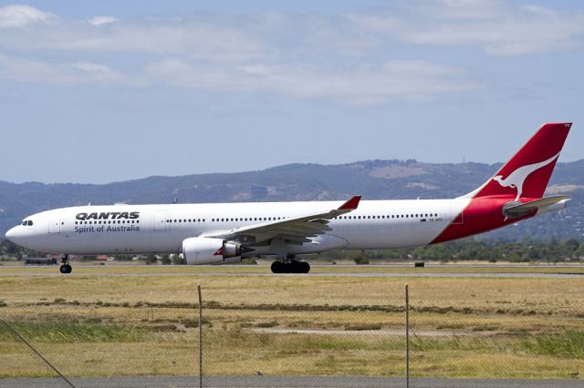 Airbus A330-300 (VH-QPD) - On to the taxi-way, heading for Terminal 1, after landing on runway 23 on arrival from Sydney en-route to Singapore, on the last day of the Australian summer. Thursday 28th February 2013.