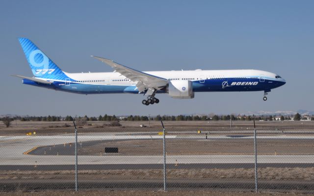 BOEING 777-9 (N779XW) - New Boeing 777X landing on Runway 3 at Spokane International. This airplane is pretty quiet for how big it is.