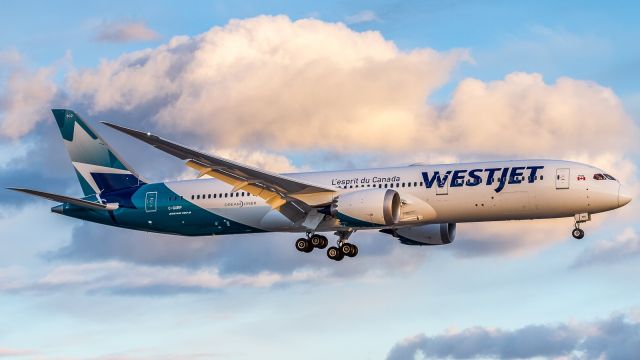 Boeing 787-9 Dreamliner (C-GURP) - My first glimpse of the new Westjet Dreamers! I’m a fan! Here on finals for runway 23 inbound from Calgary. International routes to commence soon!