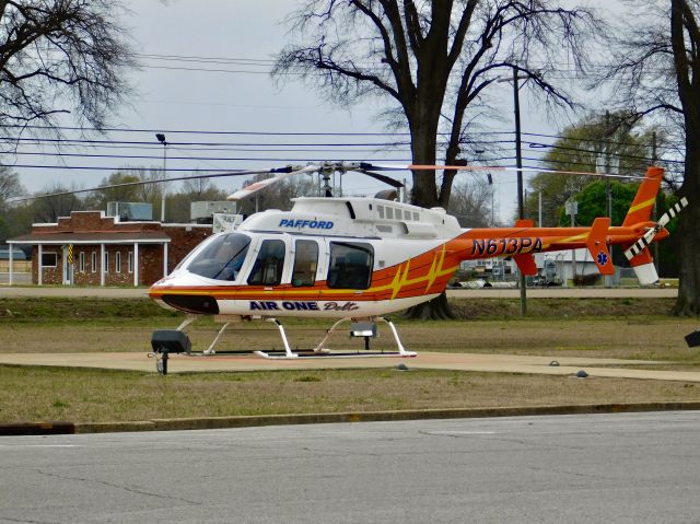 Bell 407 (N613PA) - Pafford Air One Delta at Bolivar Medical Center on a cloudy day