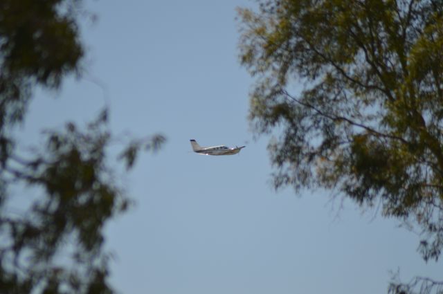 Beechcraft 56 Turbo Baron (VH-ABP) - A Beechcraft Baron 58 cruises through Townsville’s clear skies, flanked by leafy branches. The twin-piston aircraft’s sleek profile and glinting wings evoke both precision and freedom, capturing a quiet moment of aviation grace above the city.