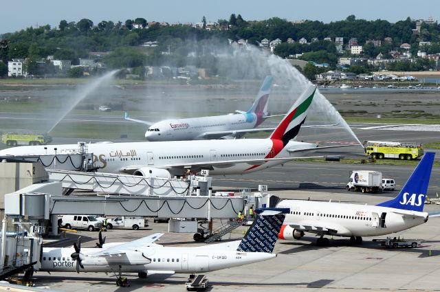 Airbus A330-200 (D-AXGC) - Eurowings 186 receiving a water cannon salute celebrating its first day of service to Boston from Cologne, Germany