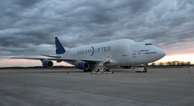 Boeing Dreamlifter (N718BA) - A Boeing 747 Dreamlifter on the air cargo ramp at Carl T. Jones Field, Huntsville International Airport, AL, in the late afternoon of April 5, 2017.