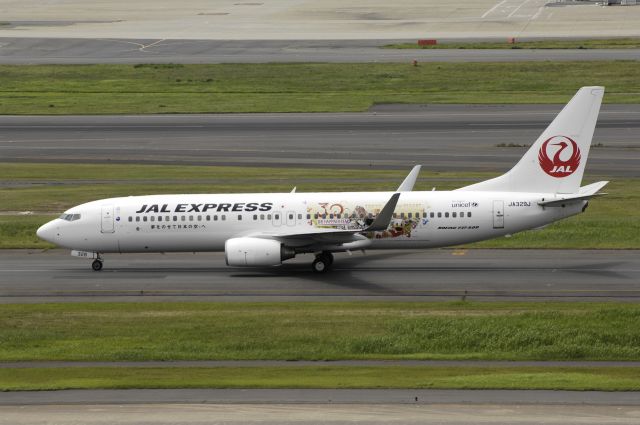 Boeing 737-800 (JA329J) - Taxing at Haneda Intl Airport on 2013/07/20 "No-4 JAL Happiness Express c/s"