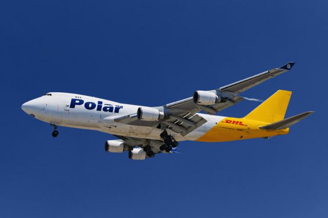 Boeing 747-200 (N451PA) - A Boeing 747-46NF cargo jumbo operated by Polar Air Cargo seconds away from landing at the Los Angeles International Airport, LAX, Westchester, Los Angeles, California