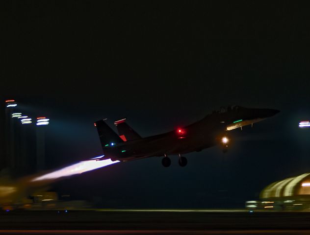 McDonnell Douglas F-15 Eagle (87-0199) - Full afterburners from the 333rd Fighter Squadron’s F-15E Strike Eagle flagship while departing Seymour Johnson Air Force Base, North Carolina, for night ops on 8 Nov, 2023.