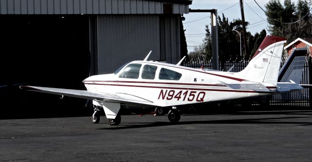 Beechcraft Bonanza (33) (N9415Q) - Locally-based Beechcraft Bonanza 33 parked in front of Aerial Avionics for light maintenance at Reid Hillview Airport.