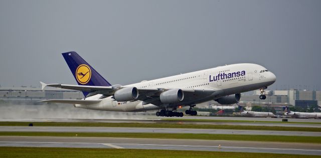 Airbus A380-800 (D-AIMG) - LH441 departing for Frankfurt on a dismal day in Houston.