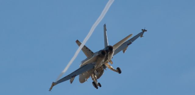 16-3149 — - This F/A-18A+ (163149) of the US Navy Reserves VFA-204 "River Rattlers" (NAS JRB New Orleans) is still executing a hard left into an extremely short final for NAS Fallons runway 31L in this click taken seven hours ago.