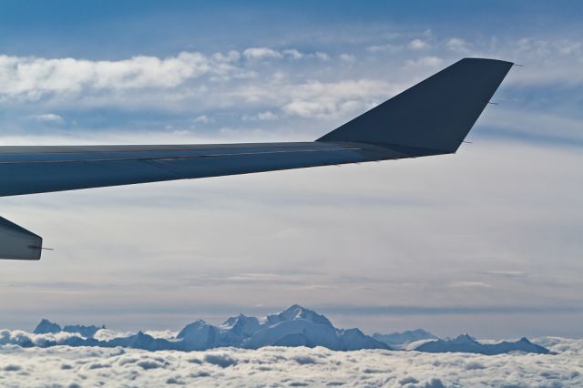 Airbus A340-300 (9K-ANA) - View to the Mont Blanc after takeoff from Geneva-Cointrin.