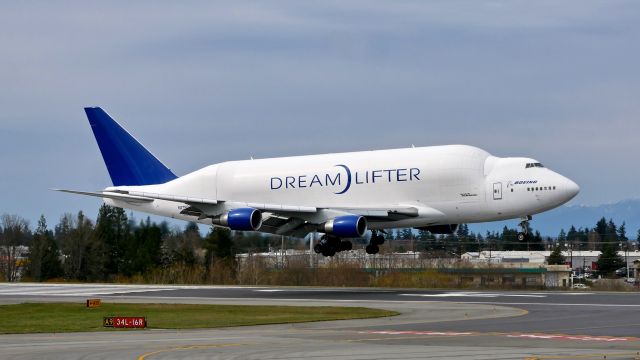 Boeing Dreamlifter (N718BA) - GTI4136 from NGO / RJGG on short final to Rwy 34L on 3.25.19. (B747-4H6(BLCF) / ln 932 / cn 27042).