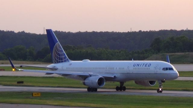 Boeing 757-200 (N17133) - United 1151 departing to Washington Dulus at 8:13 P.M.  This is the only ever 757 used on the IAD-RDU, RDU-IAD route!  Taken June 7, 2015.  