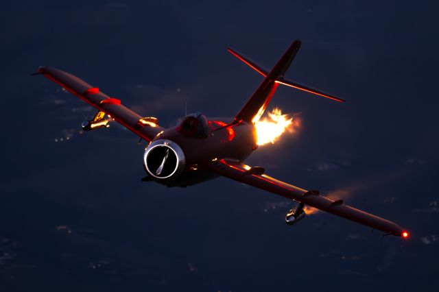MIKOYAN MiG-17 (N117BR) - Old School burner reflects off wing fences for creative illumination during minimum natural light. Thanks for Scott serving as aerial DP and Jason Somes flying his High Alpha Airshows MiG-17. 