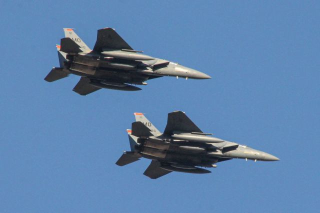 McDonnell Douglas F-15 Eagle — - Two F-15's from Mountain Home AFB, Indiana, 366th Wing, fly overhead before breaking for 17L.