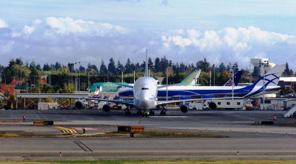 Cessna Skyhawk (N747BC) - Boeing Dreamlifter N747BC Taxiing & departure from Boeing Everett Facility/Paine Field, Snohomish county Airport Oct 17, 2012