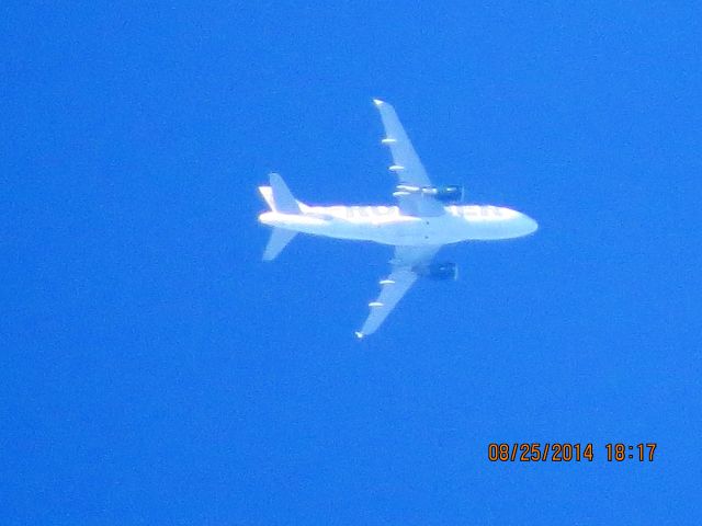 Airbus A319 (N929FR) - Frontier flight 226 from DEN to Branson Mo over Baxter Springs KS (78KS) at 31k feet.