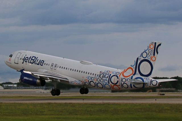 Airbus A320 (N569JB) - Stormy skies above as JBU657 (N569JB, c/n 2075, A320-232) fleet name- “Blues Brothers”, departs RWY 24L, destination- Fort Lauderdale Intl (KFLL) on 19 Jun 2017.