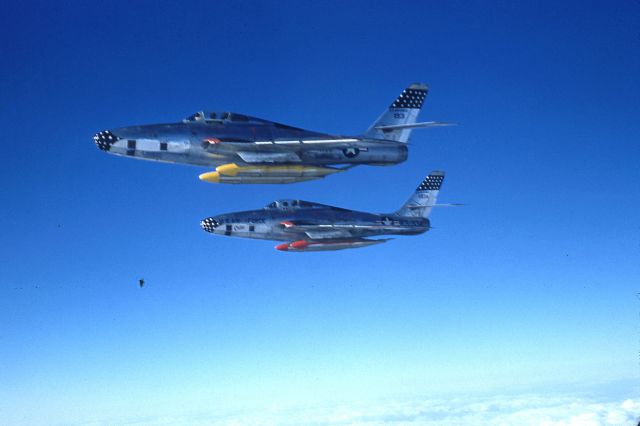 — — - Republic RF-84Fs returning from Tokyo to Misawa AB at 31,000 ft. 1956.