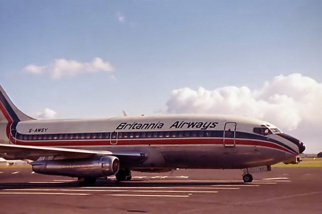 Boeing 737-200 (G-AWSY) - Britannia Airways B737-204 (G-AWSY) taxiing at NCL. (Photo 1973/4)