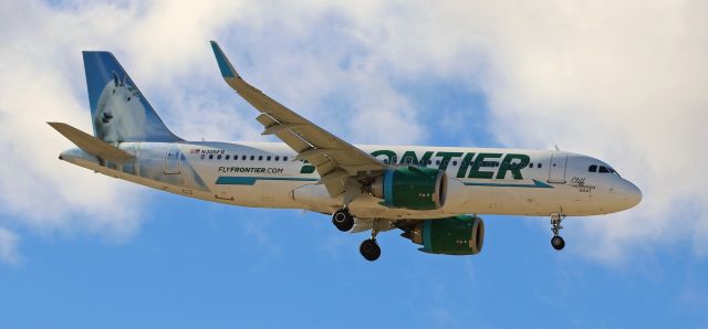 Airbus A320neo (N305FR) - FFTs "Cliff the Mountain Goat" (N305FR) is snapped here on s/final to Reno Tahoe International at ten minutes past noon yesterday.