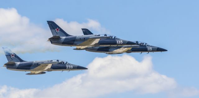 Aero L-39 Albatros — - The L-39 Albatros "Hopper" Demo team in formation at Battle Creek Airshow on July 2nd, 2016. 