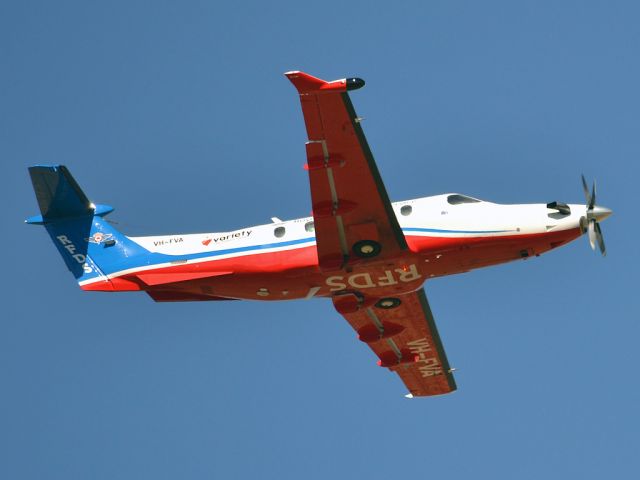 Pilatus PC-12 (VH-FVA) - Getting airborne off runway 23 and heading off on another mercy flight to the outback. Thursday 12th April 2012.