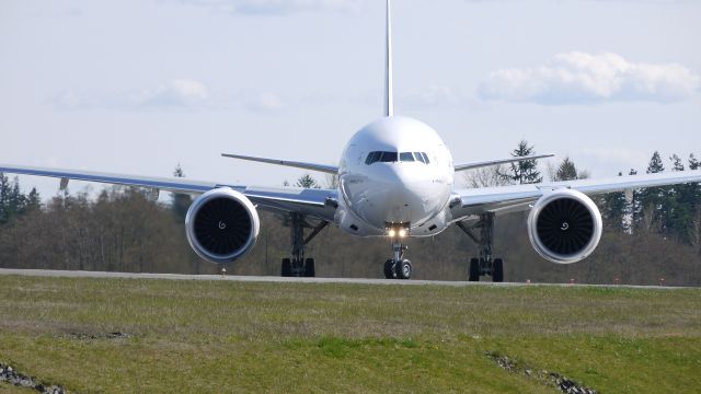 BOEING 777-300 (F-GZNO) - BOE252 (LN:1007) taxis onto runway 34L for a short flight test on 4/7/12.