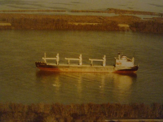 — — - This picture is of a cargo ship in the Mississippi River taken from a 180 straight float from Venice La. to Westwego.