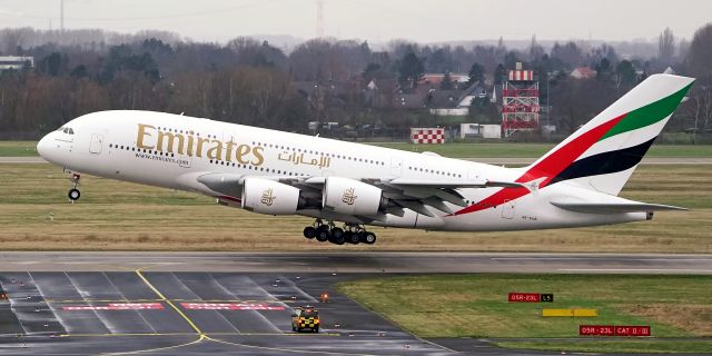 Airbus A380-800 (A6-EUB) - watch out, supervisor in front of taking off A380, DUS/EDDL, 08. Jan 2022