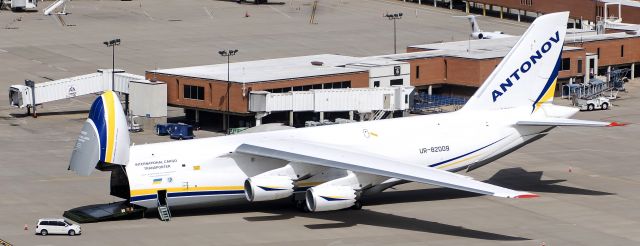 Antonov An-124 Ruslan (UR-82009) - Image of Antonov AN-124 on take off from Wichita Eisenhower to Palm Beach. Antonov AN-124 has amazing spec: 24 wheels, 20% larger internal volume than a C5 Galaxy, length 226 ft, wing span 240 ft, empty weight 385,000 lls, max take off weight 893,000 lbs, 4 x Progress D-a8T turbofans ay 51,600 lbs of thrust each, 10,000nm plus range etc etc. Image taken by Nikon 810 24/70 2.8 lens, exposure 2.8 @1/4000 sec