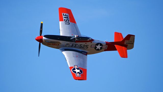 North American P-51 Mustang (N151AF) - Heritage Flight Museum Warbird Weekend 8.19.17. Pilot Greg Anders flies "VAL-HALLA" a North American P-51D Mustang (Ser #45-11525) over Rwy 22.