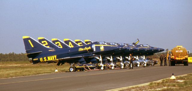 SINGAPORE TA-4 Super Skyhawk — - LAKEHURST NAVAL AIR STATION, LAKEHURST NEW JERSEY, USA-MAY 1981: Seen taking on fuel prior to the start of the 1981 Open House and Air Show were the United States Navy's Blue Angels, flying the Douglas A-4F Skyhawk.