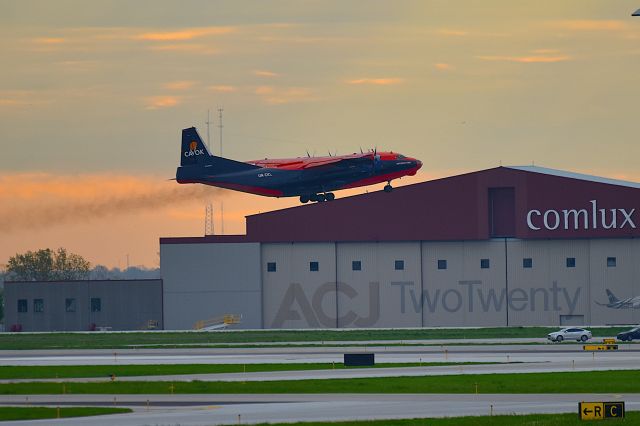 Antonov An-12 (UR-CKL) - Runway 14 departure 04-28-25. or, steam catapult launch off of the Comlux Hangar roof!