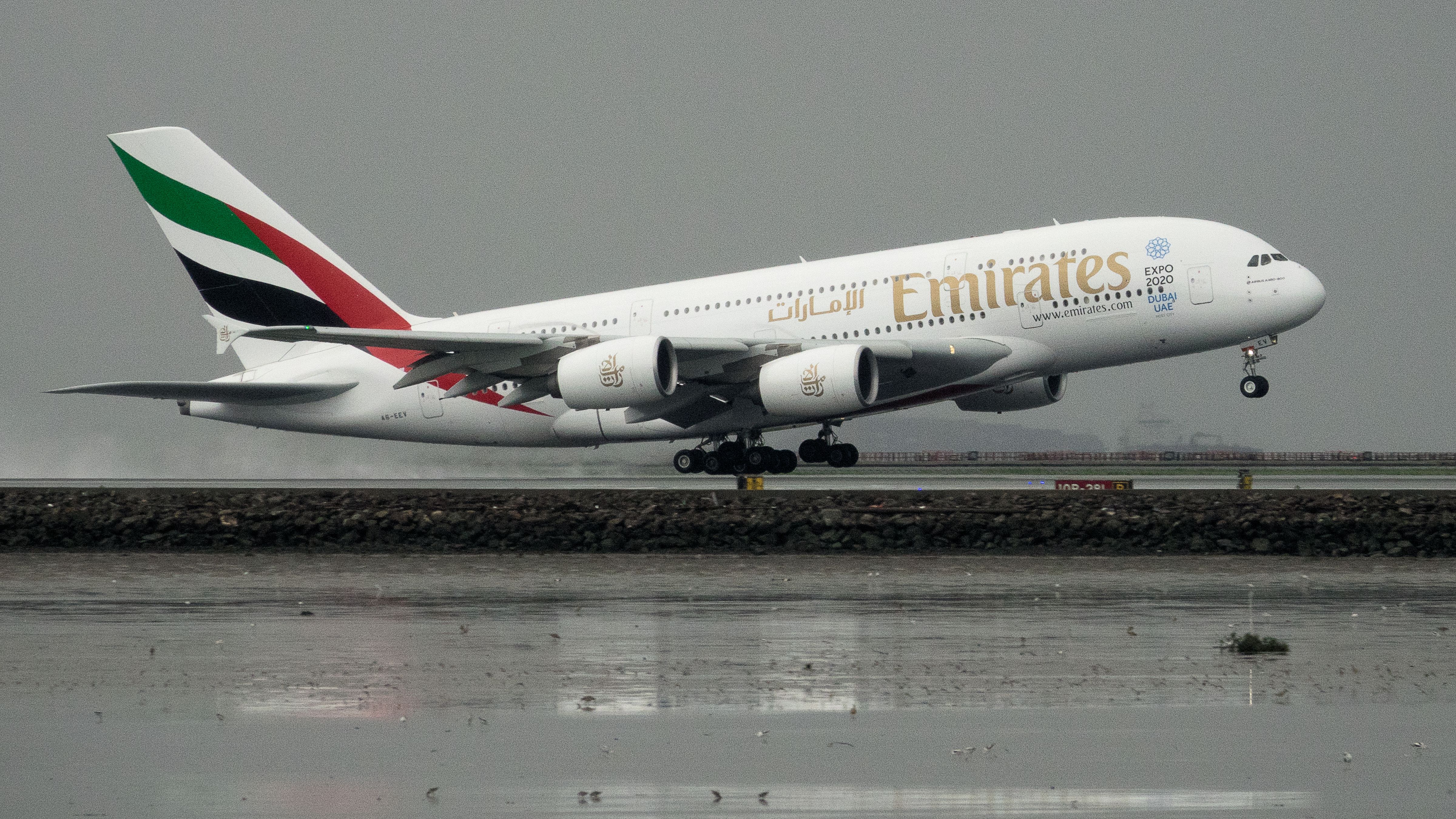 Airbus A380-800 (A6-EEV) - During a light rain, departing KSFO on 10R instead of the usual 28R