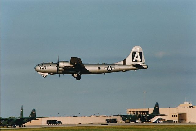 Boeing B-29 Superfortress (N529B) - Landing gear retracting after takeoff for the evening air show at an Air Power Air Show in KOKC