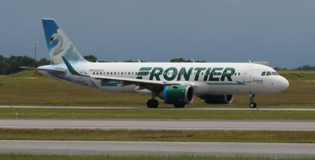 Airbus A320 (N324FR) - "Summer the Swan," an Airbus A320-251N, taxiing at Pensacola International Airport, FL - June 7, 2019.