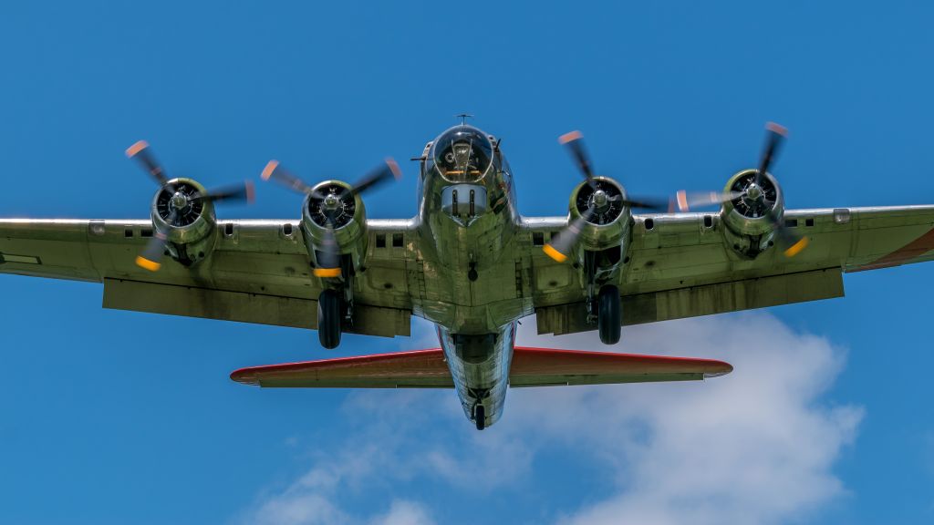 Boeing B-17 Flying Fortress (N3701G) - B-17G on approach to runway 18 at KDAY.  This aircraft is called Madras Maiden and is operated by the Liberty Foundation.