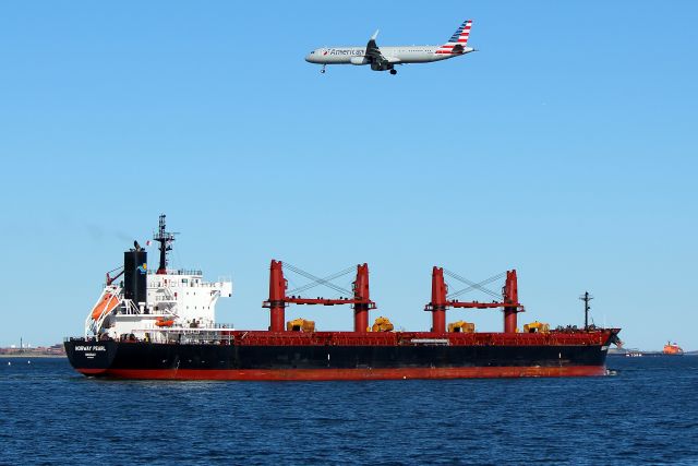 Airbus A321 (N105NN) - AA 199 arriving from JFK past cargo ship Norwegian Pearl
