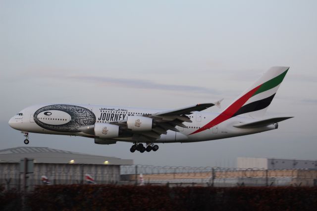 Airbus A380-800 (A6-EEI) - An Emirates A380-800 wearing the 'Journey To the Future' livery on final approach into LHR, landing on runway 27L.br /br /Location: Great South-West Road.br /Date: 20.12.22 (dd/mm/yy)