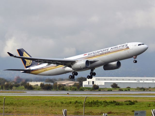 Airbus A330-300 (9V-STP) - Getting airborne off runway 23 on a cold, gloomy winters day and heading home to Singapore. Wednesday 4th July 2012.