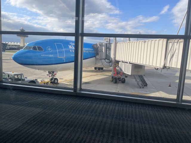 Airbus A330-300 (PH-AKA) - This is gate A15 at Dulles International Airport at 5:50 pm April 17, 2023. KLM652 is delayed but the passengers are onboard.