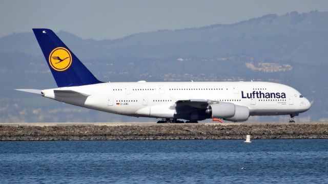 Airbus A380-800 (D-AIML) - D-AIML, Age: 1.3 Yearsbr /Airbus A380-800 (quad-jet) (A388 )br /Airline: Lufthansa, Engines: 4x RR Trent 900br /06-Mar-2015 A388/Q San Francisco Intl (KSFO) Frankfurt Intl (EDDF / FRA) 15:23 PST 10:28 CET (+1) 10:05