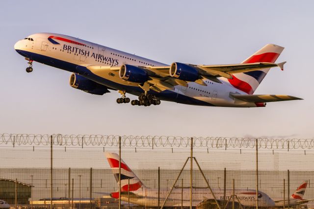 Airbus A380-800 (G-XLEL) - 8th October, 2022: Taking off into the sunset from runway 27L at Heathrow as flight BA 293 bound for Washington Dulles International Airport.