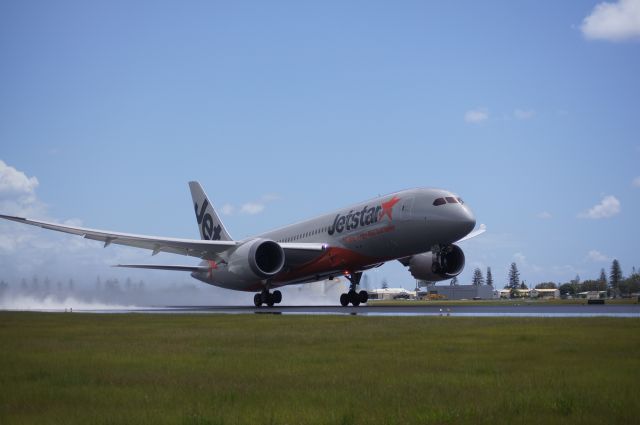 Boeing 787-8 — - Jetstar 11 for Narita Japan rotates off a very wet Runway 14 at Gold Coast Airport