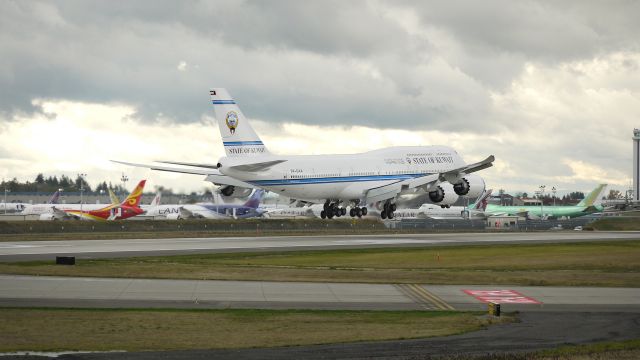 BOEING 747-8 (9K-GAA) - BOE1 nears touchdown on runway 16R to complete a flight test on 10/23/12. (LN:1434 c/n 38636). The aircraft is a BBJ for the government of Kuwait.