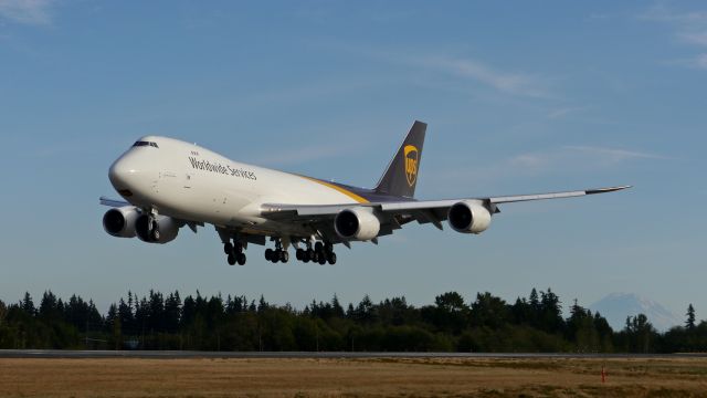 BOEING 747-8 (N605UP) - BOE531 on final to Rwy 34L to compete a ferry flight from KPDX on 9.15.17. (ln 1543 / cn 64252). This is the first B747-8F for UPS.   Named: "Spirit of Joe Sutter".