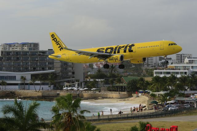 Airbus A321 (N681NK) - Spirit airlines over Maho beach N681NK