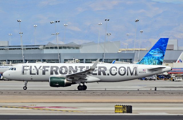 Airbus A320 (N220FR) - N220FR 2013 Frontier Airlines Airbus A320-214 cn/5661br /br /The first A320 in Frontiers new colors and the airlines first Sharklet-equipped aircraft.br /br /McCarran International Airport (KLAS)br /Las Vegas, Nevadabr /TDelCorobr /September 12, 2013